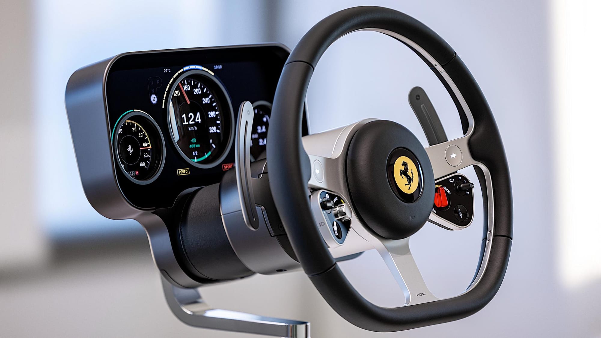 The Ferrari Luce steering wheel is a retro-inspired aluminum wheel designed by Jony Ive, featuring physical controls and a moving instrument cluster.