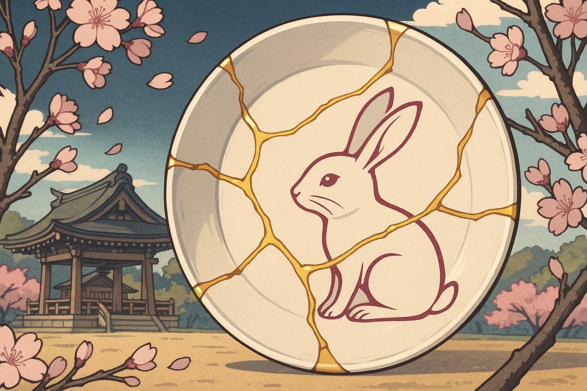 Ceramic plate with gold kintsugi seams and rabbit design, framed by cherry blossoms before a Shinto shrine under soft light.
