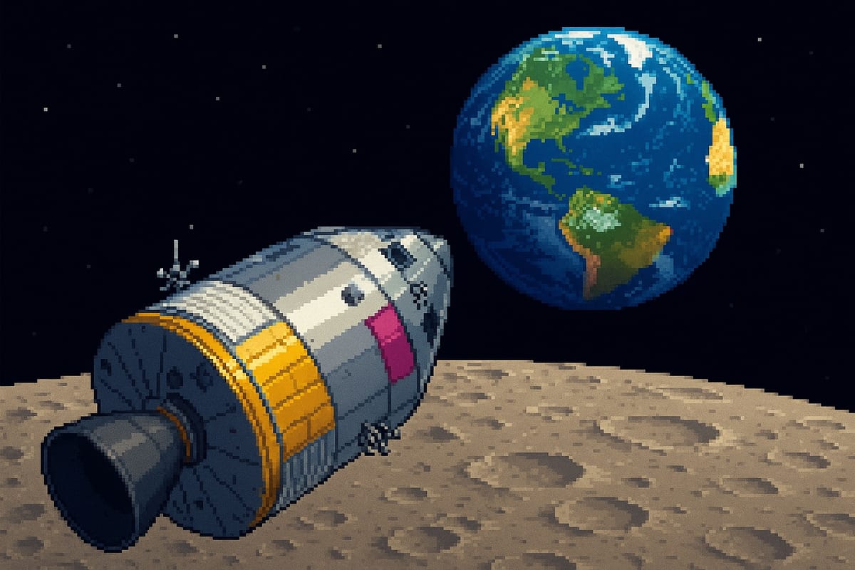 Isometric pixel art of Apollo spacecraft on lunar surface with Earth rising in background. Spacecraft has yellow and magenta accents. Grey-brown moon, vibrant blue-green Earth, black space.