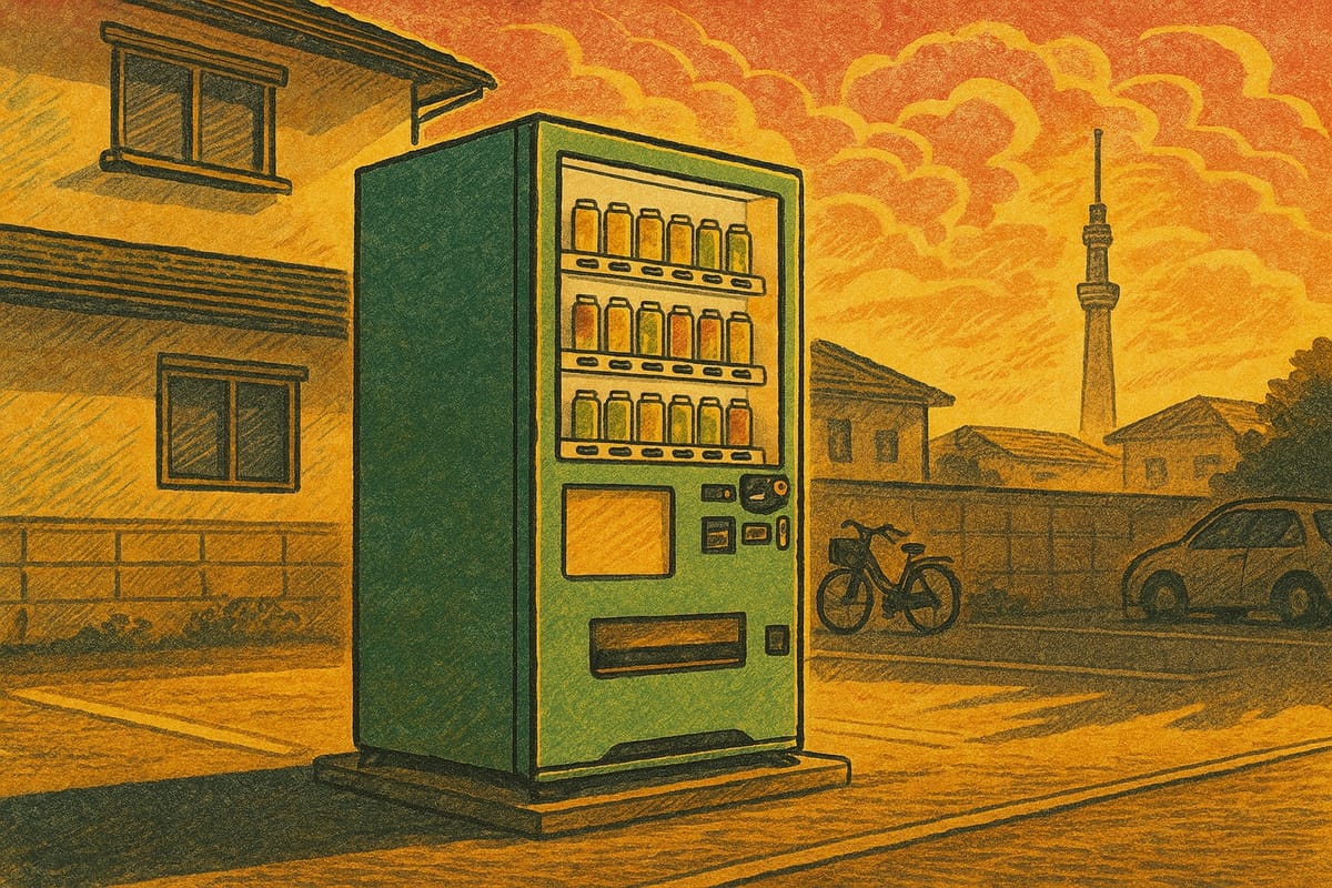 Woodblock-style illustration of the Perfect Days coffee vending machine in a quiet Tokyo parking lot at sunrise, rendered with Hokusai-inspired lines and bright citrine light.