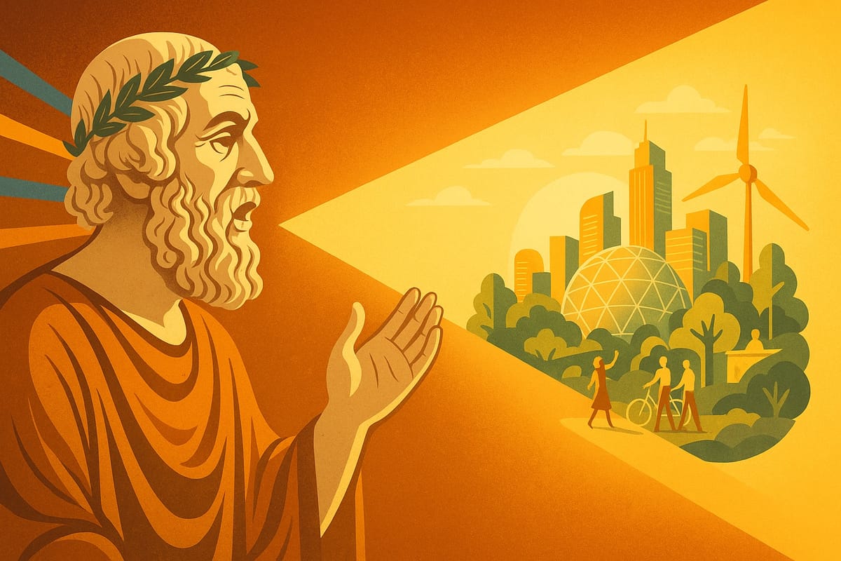 Digital illustration of Homer, the ancient Greek poet, gazing toward a radiant circular future city, linking timeless storytelling traditions with a coherent vision of the Circular Century.