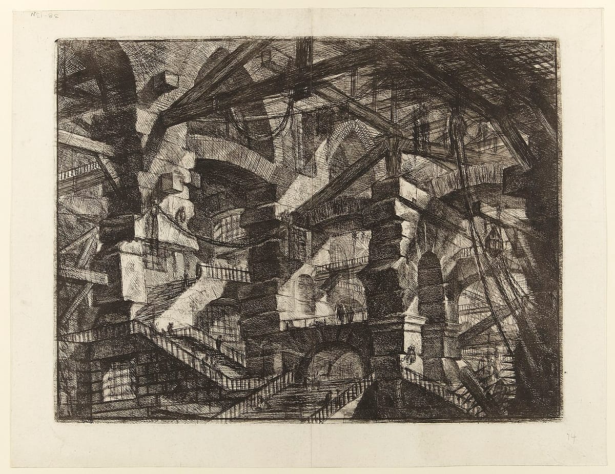 Tiny figures lost in Piranesi's impossible prison of arches and stairs—architecture so vast and self-referential that individual optimization becomes meaningless.