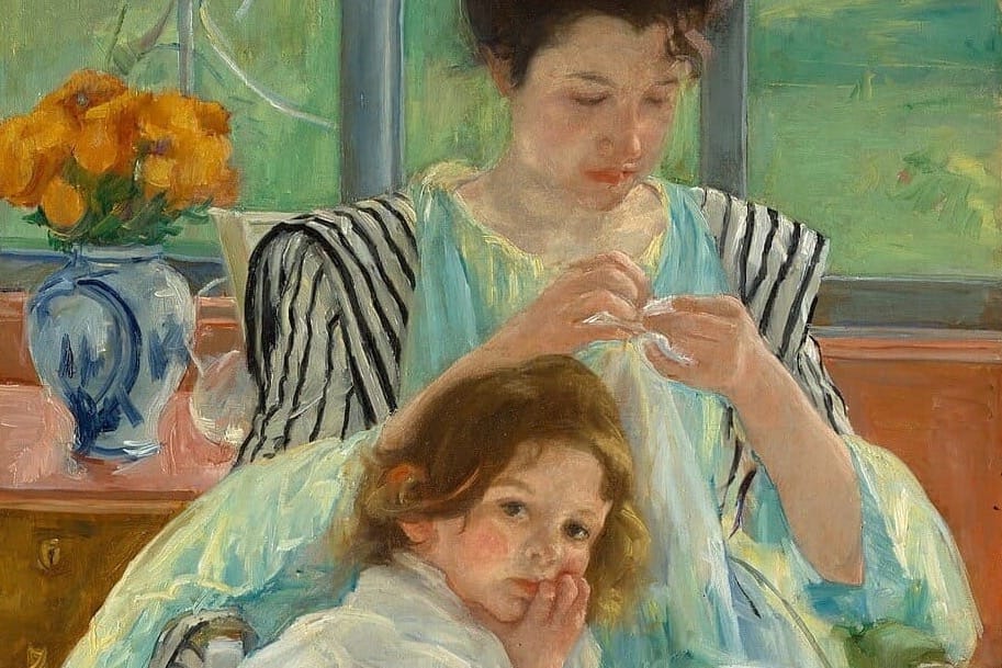 Mary Cassatt's "Young Mother Sewing" (1900): a child leans into her mother's lap with total trust while the mother calmly continues her work, absorbing the contact without interruption.