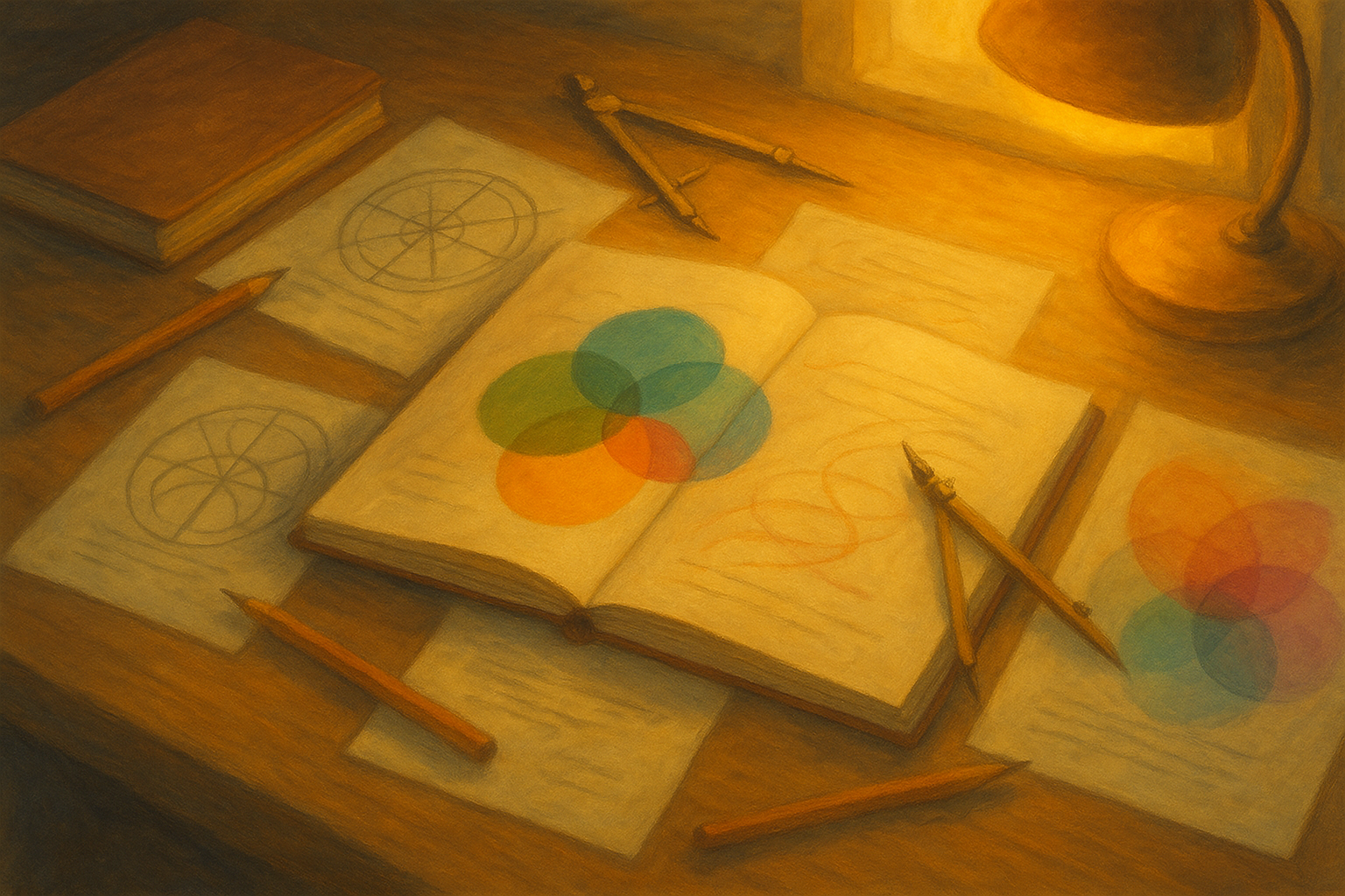 A designer's desk illuminated by warm golden light, featuring scattered sketches with circular diagrams in various colors, wooden pencils, a brass compass, and notebooks.