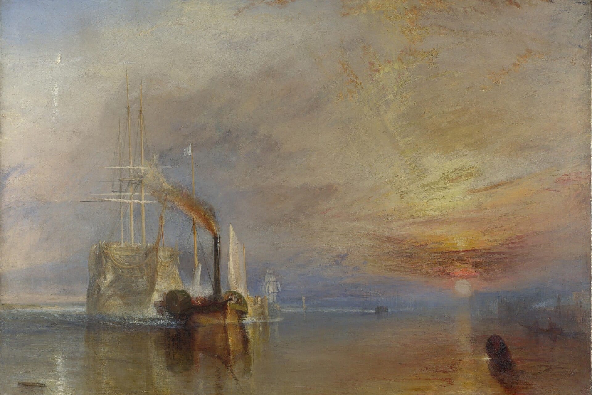 Oil painting of the aging warship HMS Temeraire, its tall masts shown ghostly, being towed up the Thames by a small steam tug at sunset, symbolizing the end of an era.