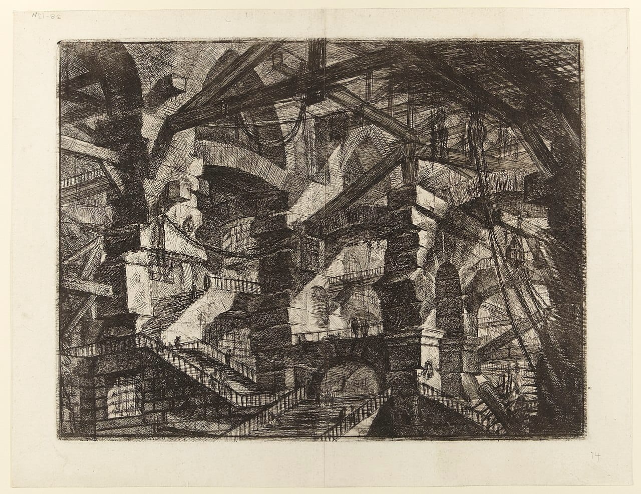 Tiny figures lost in Piranesi's impossible prison of arches and stairs—architecture so vast and self-referential that individual optimization becomes meaningless.