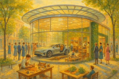 Impressionist painting of glass pavilion atelier on American boulevard. Crowds watch craftspeople work on futuristic car through floor-to-ceiling windows. Golden light, Monet-style brushwork.