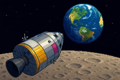Isometric pixel art of Apollo spacecraft on lunar surface with Earth rising in background. Spacecraft has yellow and magenta accents. Grey-brown moon, vibrant blue-green Earth, black space.