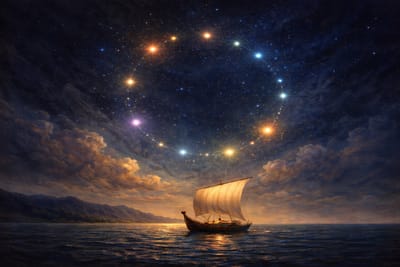 Painterly night scene of an ancient Greek sailing vessel beneath a circular constellation of luminous stars, symbolizing a constellation of ideas guiding the close of A Circudyne Odyssey.