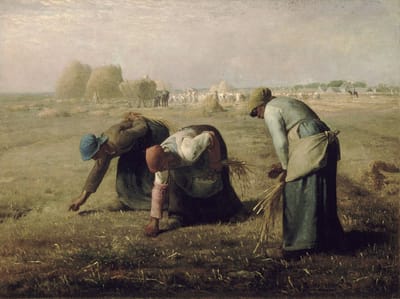 Three peasant women bend over a harvested field, quietly gathering what the system left behind. The establishment's surplus towers in the background. They don't look up. They don't need to.