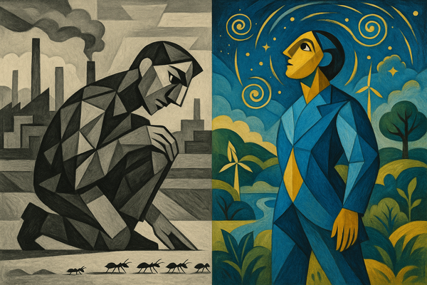 Cubist illustration split vertically. Left: monochrome figure studying ants in industrial setting. Right: colorful figure gazing at swirling stars amid nature.