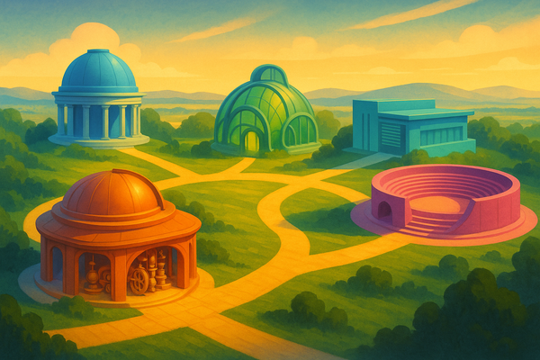 Five futuristic pavilions representing Circudynamics domains connected by golden pathways across rolling hills in EPCOT-inspired concept art style
