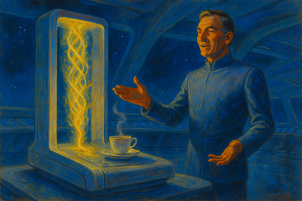 Illustration of starship captain gesturing toward matter transformation device creating tea cup, with golden energy streams showing molecular reorganization in blue futuristic environment