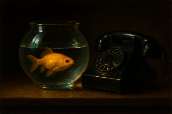 Dutch master-style still life painting with dramatic chiaroscuro lighting showing a golden fish in glass bowl gazing toward black rotary telephone on wooden surface against dark background