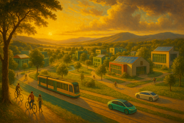 Hudson River School landscape painting of sustainable community with solar-paneled buildings, cyclists, electric streetcar, and electric cars in golden valley with distant mountains"