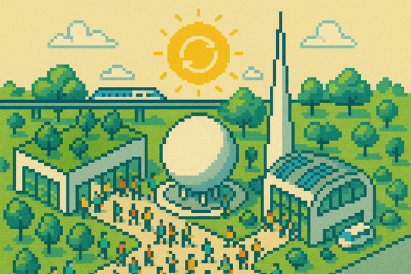 Pixel art of a retro-futuristic fairground with Trylon, Perisphere, greenery, pavilions, and a sun haloed by a circularity glyph, symbolizing a regenerative future.