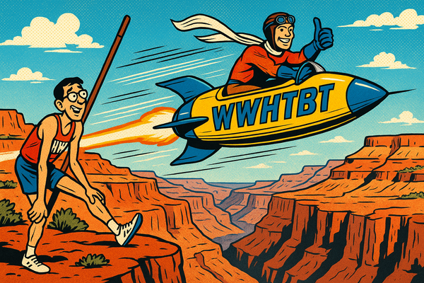Comic book illustration: pilot in yellow rocket labeled WWHTBT crossing desert chasm with trailing scarf, while pole vaulter in HMW jersey watches from rim