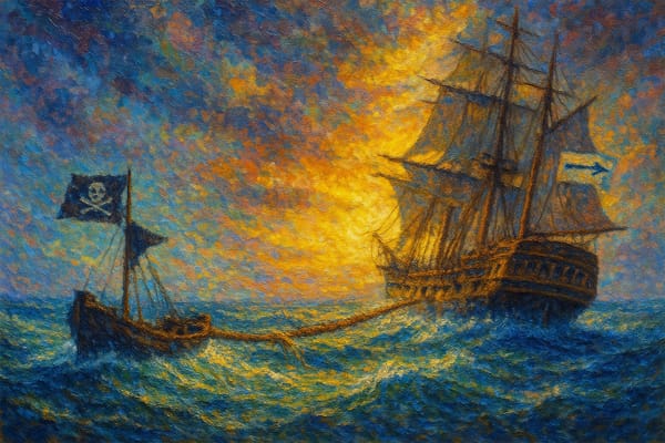Neo-Impressionist maritime painting: large sailing ship and small vessel with pirate flag connected by rope in stormy seas. Dramatic citrine yellow light breaks through blue storm clouds.