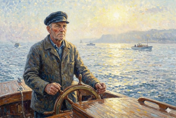 Impressionist maritime painting: elderly civilian mariner in work clothes steering wooden pleasure craft across dawn-lit Channel waters during Dunkirk evacuation
