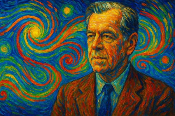 A Van Gogh–style portrait of Joseph Campbell set against swirling cosmic colors in blues, greens, magentas, teals, and citrine yellow, suggesting shifting cosmology and mythic meaning.
