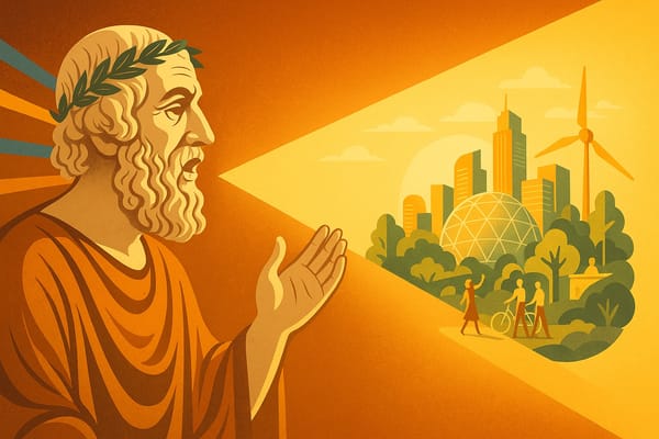 Digital illustration of Homer, the ancient Greek poet, gazing toward a radiant circular future city, linking timeless storytelling traditions with a coherent vision of the Circular Century.
