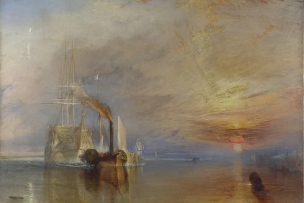 Oil painting of the aging warship HMS Temeraire, its tall masts shown ghostly, being towed up the Thames by a small steam tug at sunset, symbolizing the end of an era.