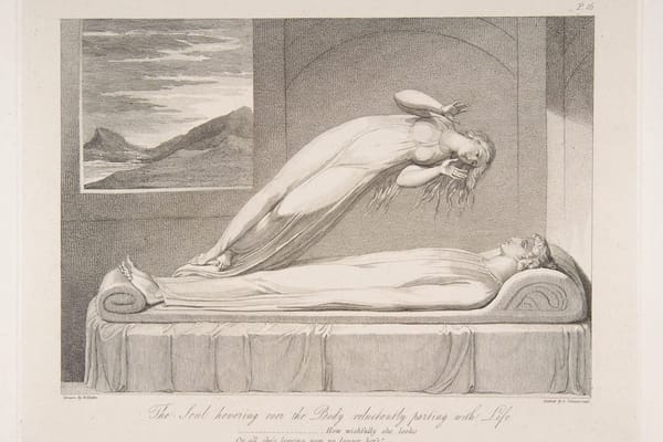 A luminous figure rises from a recumbent body, arms extended in reluctance. William Blake's 1808 engraving for Robert Blair's poem The Grave.