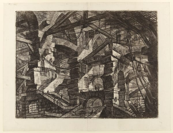 Tiny figures lost in Piranesi's impossible prison of arches and stairs—architecture so vast and self-referential that individual optimization becomes meaningless.