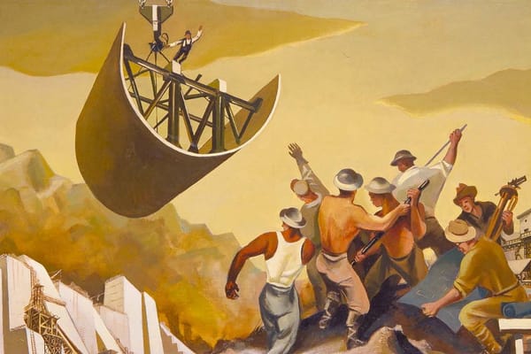 Workers building a hydroelectric dam in William Gropper's 1938 New Deal mural — laborers scale rock, a steel section hangs from a crane, and a crowd gestures upward against mountains.