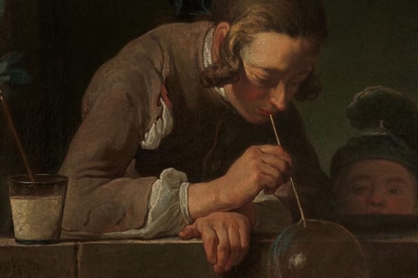 Jean Siméon Chardin, Soap Bubbles, ca. 1733–34. Oil on canvas. A young man in quiet concentration blows a single iridescent bubble. The Metropolitan Museum of Art, public domain.