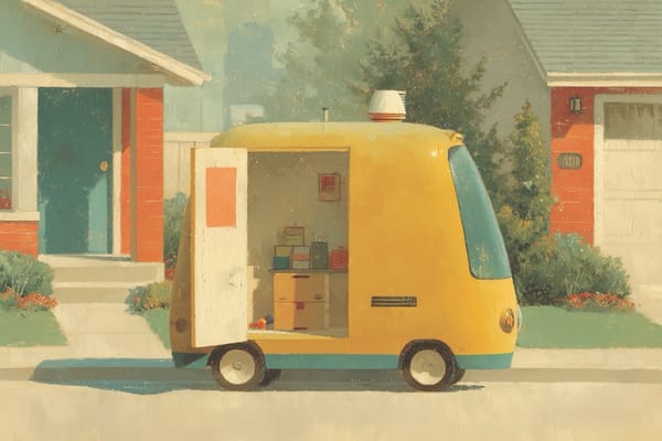 Autonomous delivery vehicle in citrine yellow at a suburban doorstep at dawn, a homeowner handing back a return container. Mid-century illustration style.